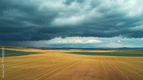 Storm clouds over Alentejo farm field, aerial view