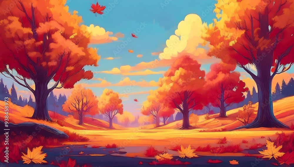 Autumn Glade - An 8-bit pixel art scene of a serene autumn glade, with pixelated trees in vibrant colors. Graphic art illustration. Ai Generated