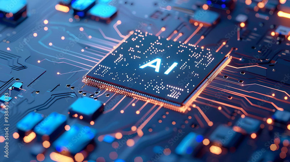 The complex network of circuits and components of AI chip. A close-up view of a sophisticated computer motherboard with a central microchip prominently labeled The complex network of circuits and components of AI chip. A close-up view of a sophisticated computer motherboard with a central microchip prominently labeled
