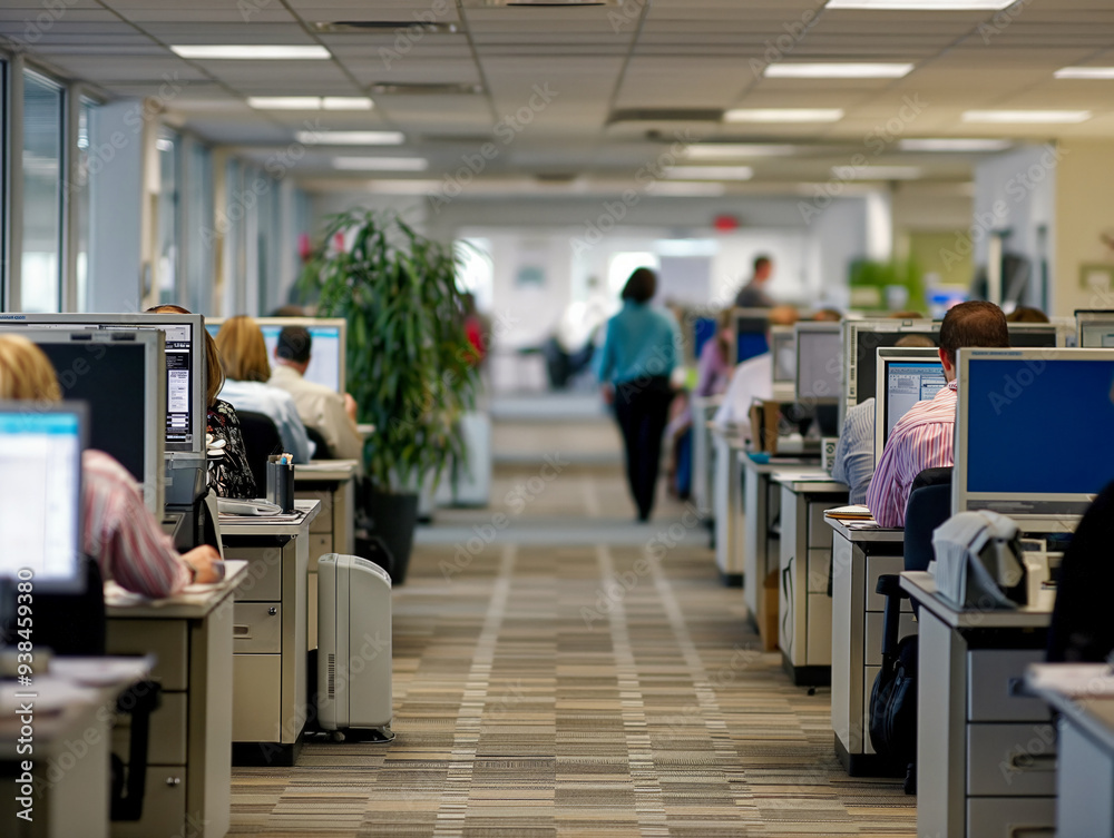 A busy office with people working at their desks. Scene is busy and professional A busy office with people working at their desks. Scene is busy and professional