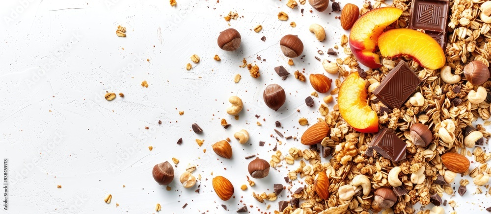 Tasty Granola With Peach Chocolate And Hazelnuts On White Background Tasty Granola With Peach Chocolate And Hazelnuts On White Background
