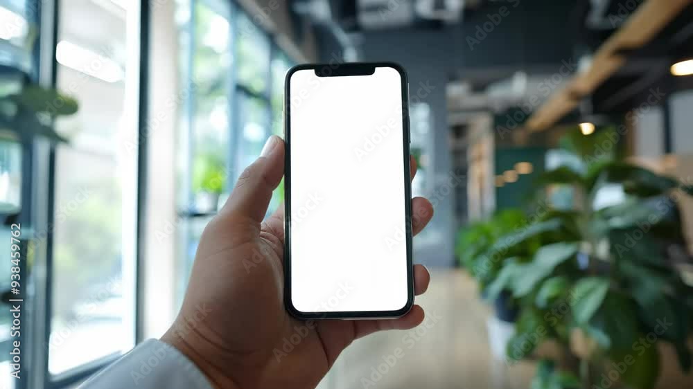 POV business man walking and hand holding looking at smartphone with blank white screen indoors and in office