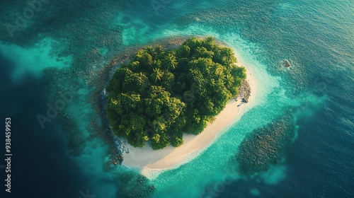 High-definition aerial view of a tropical island and its turquoise waters perfect for exotic-themed backgrounds