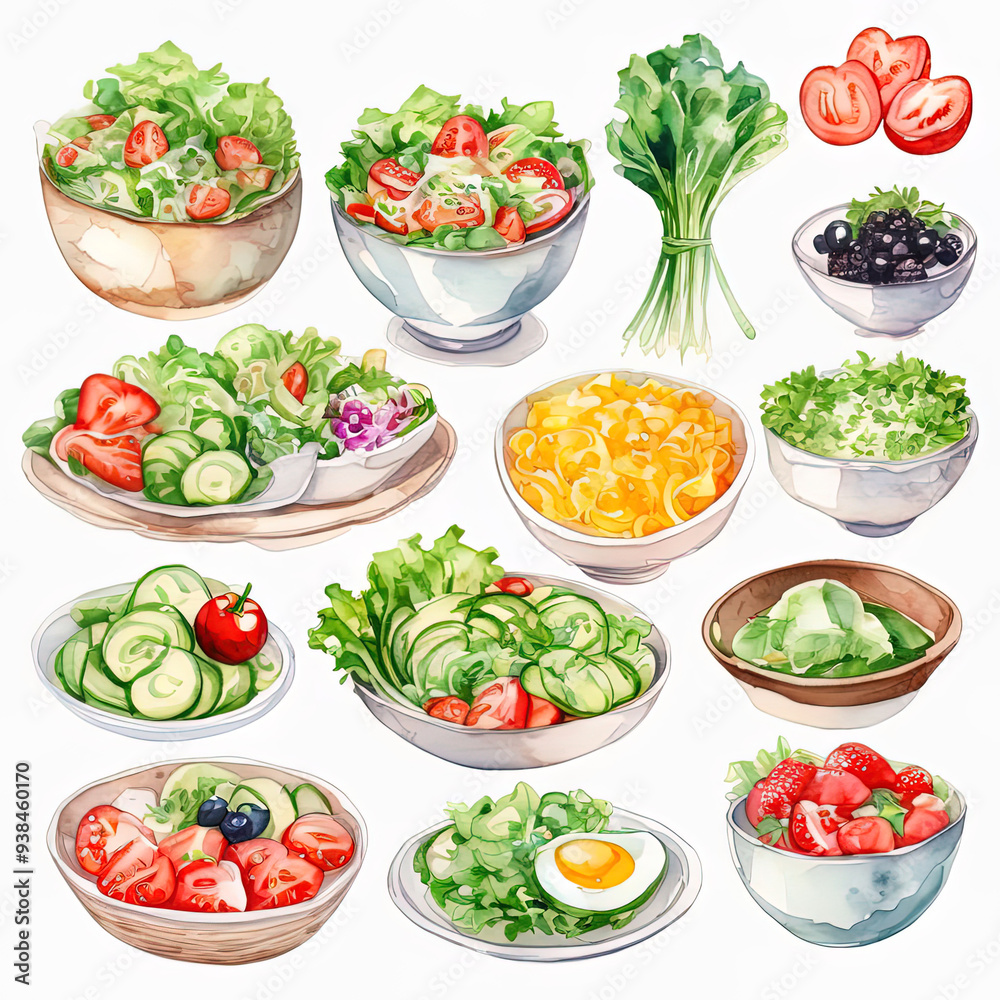 Watercolor illustration of various fresh salad ingredients.