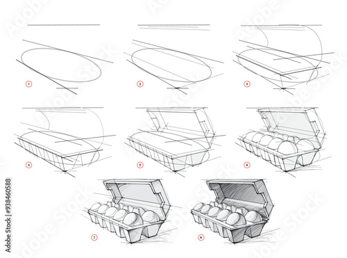 Foto Page shows how to learn to draw from life a sketch of a box of eggs in perspective