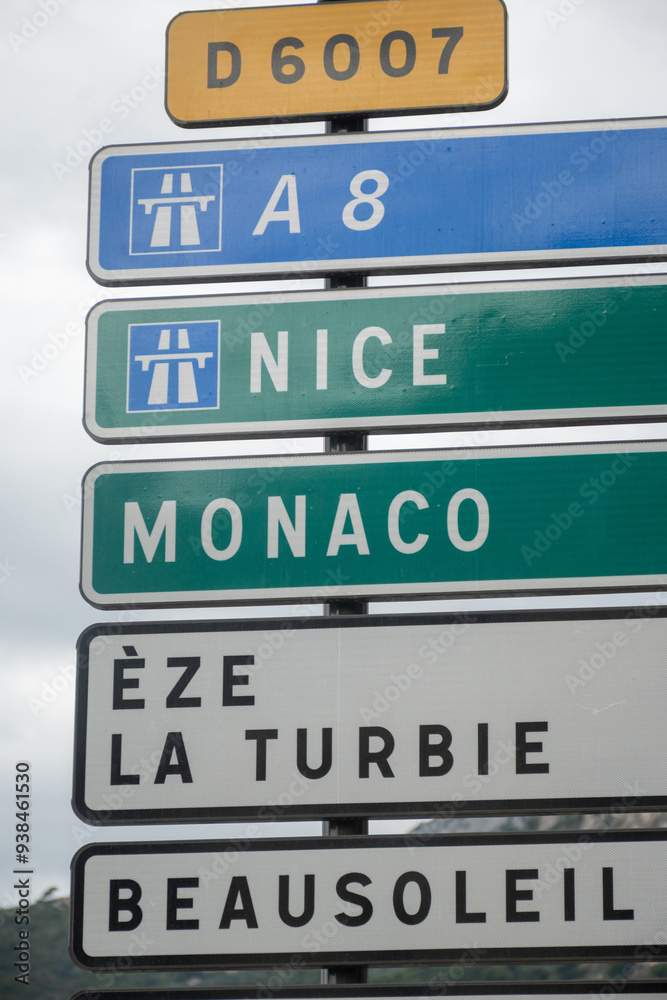 Driving car on French Riviera, road signes with directions to Monaco, Nice, traffic in south of France, Provence Driving car on French Riviera, road signes with directions to Monaco, Nice, traffic in south of France, Provence