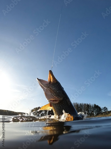 Hooked northern pike caught by a sportsfisherman fighting and jumping out of the lake and splashing water around on a sunny May day at a lake in Finland.