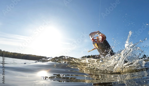 Foto Hooked northern pike caught by a sportsfisherman fighting and jumping out of the lake and splashing water around on a sunny May day at a lake in Finland