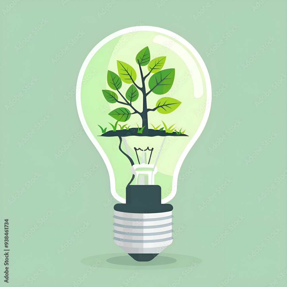 A minimalistic illustration of a lightbulb with a unique twist: inside the bulb, a green plant with multiple leaves is growing, the concept of growth, sustainability, or eco-friendly innovation. A minimalistic illustration of a lightbulb with a unique twist: inside the bulb, a green plant with multiple leaves is growing, the concept of growth, sustainability, or eco-friendly innovation.