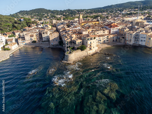 Aerial view on bays, beaches, old colorful houses of famous Saint-Tropez town on French Riviera, Var, Provence, France, summer vacation destination photo