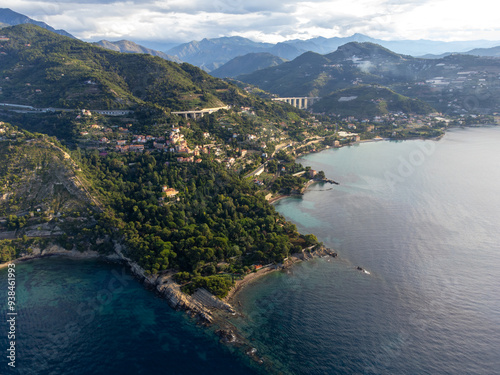 Aerial view on Italian Riviera and Mediterranean Sea from French-Italian border in Grimaldi village, Ventimiglia near San-Remo, travel destination, panoramic view from above