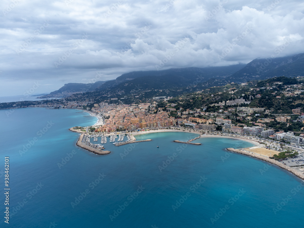 Fototapeta premium Aerial view on French Riviera, Menton, Monte-Carlo and Monaco and Mediterranean Sea from French-Italian border in Ventimiglia, travel destination, panoramic view from above