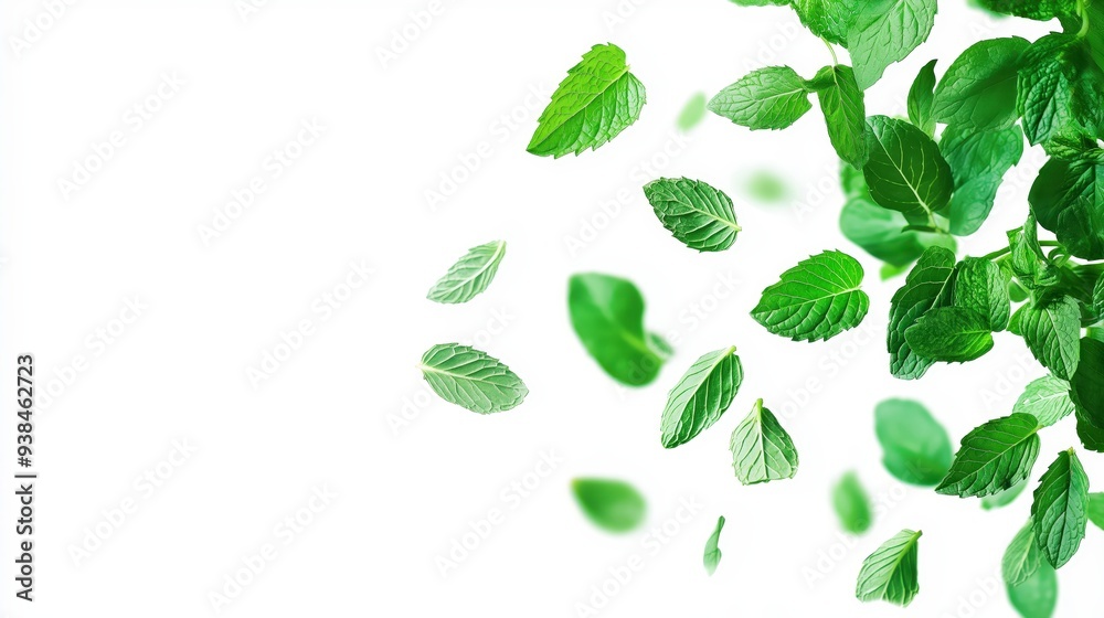 Fresh green mint leaves falling on a white background. Fresh green mint leaves falling on a white background.