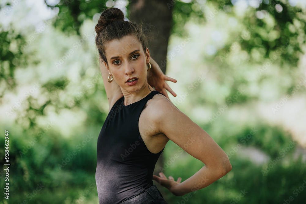 Lovely girl dancing in nature, showcasing the grace and beauty of modern dance in a natural outdoor setting. Lovely girl dancing in nature, showcasing the grace and beauty of modern dance in a natural outdoor setting.