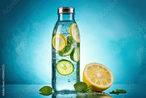 Boisson eau santé bien être eau aromatisée pour remise en forme. Fond uni bleu clair