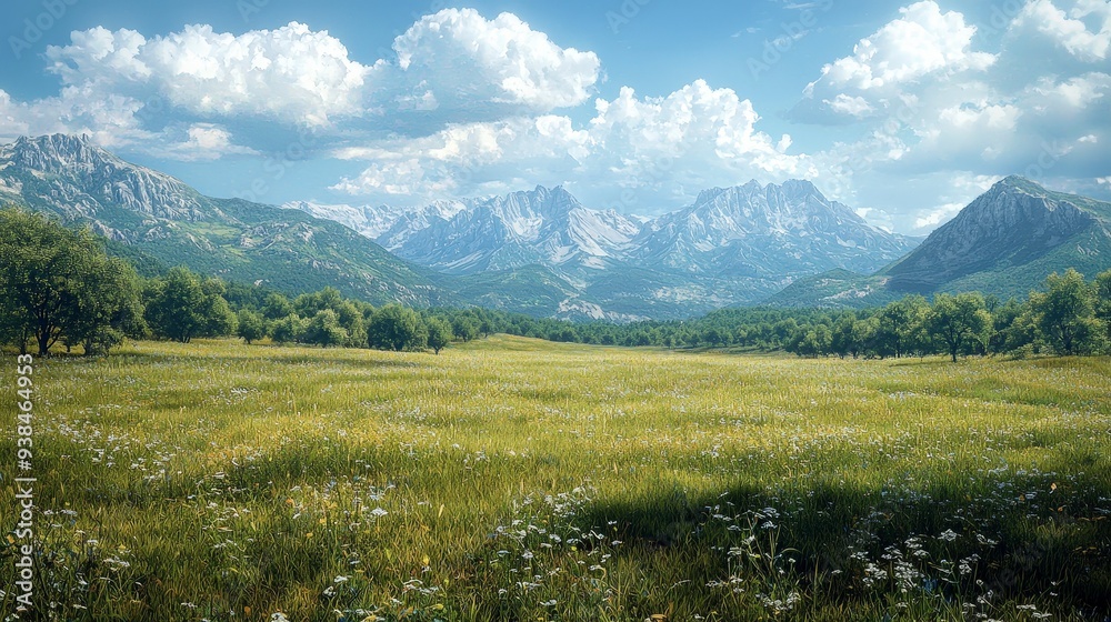 Obraz premium A vibrant green meadow with wildflowers, bordered by trees, under a blue sky with white fluffy clouds, and mountains in the background.