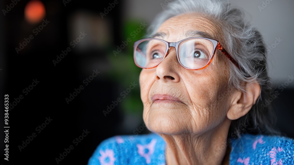 An elderly woman with silver hair, wearing glasses and a blue knitted sweater with a pattern, sitting indoors in a well-lit room featuring a blurred background. An elderly woman with silver hair, wearing glasses and a blue knitted sweater with a pattern, sitting indoors in a well-lit room featuring a blurred background.