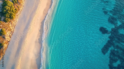 Aerial shot of a pristine beach with crystal-clear turquoise waters gently lapping against the shore, showcasing the beauty of the coastline