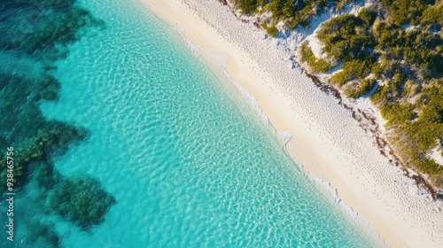 Aerial shot of a pristine beach with crystal-clear turquoise waters gently lapping against the shore, showcasing the beauty of the coastline