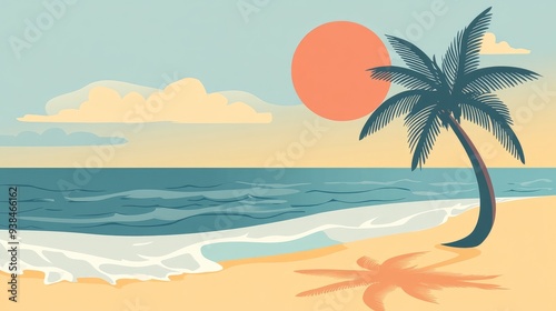 Simple beach clipart with a palm tree, sun, and gentle waves, offering a clean, minimal design perfect for summer-themed graphics