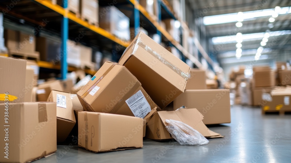 A pile of brown cardboard boxes in a warehouse setting, among shelves and industrial lighting, showing the hustle and organization of a busy shipping environment. A pile of brown cardboard boxes in a warehouse setting, among shelves and industrial lighting, showing the hustle and organization of a busy shipping environment.