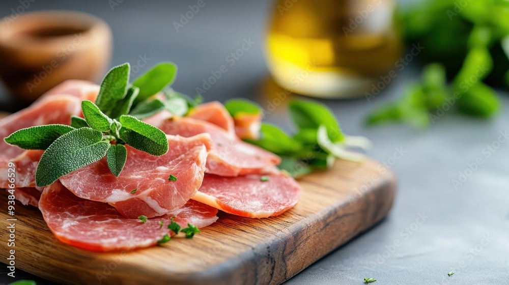 A succulent charcuterie board displaying a variety of sliced meats, enhanced with fresh green herbs, making it a perfect centerpiece for any table setting. A succulent charcuterie board displaying a variety of sliced meats, enhanced with fresh green herbs, making it a perfect centerpiece for any table setting.
