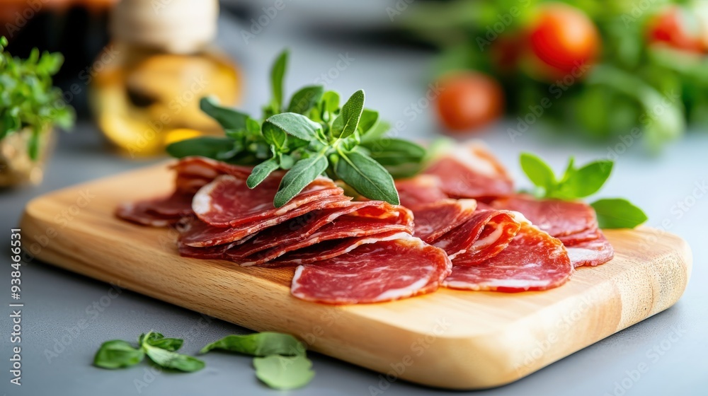 A beautifully arranged charcuterie board featuring delicious sliced meats and garnished with fresh herbs, ready to be served at a gathering or event.