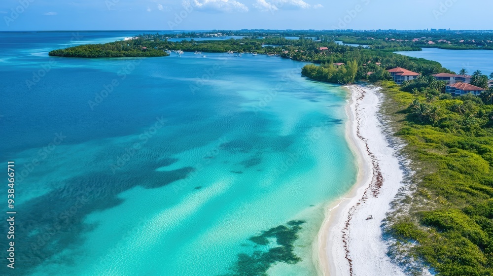 Aerial view of a Florida beach with clear turquoise water, white sand, and lush vegetation, capturing the essence of a tropical paradise Aerial view of a Florida beach with clear turquoise water, white sand, and lush vegetation, capturing the essence of a tropical paradise