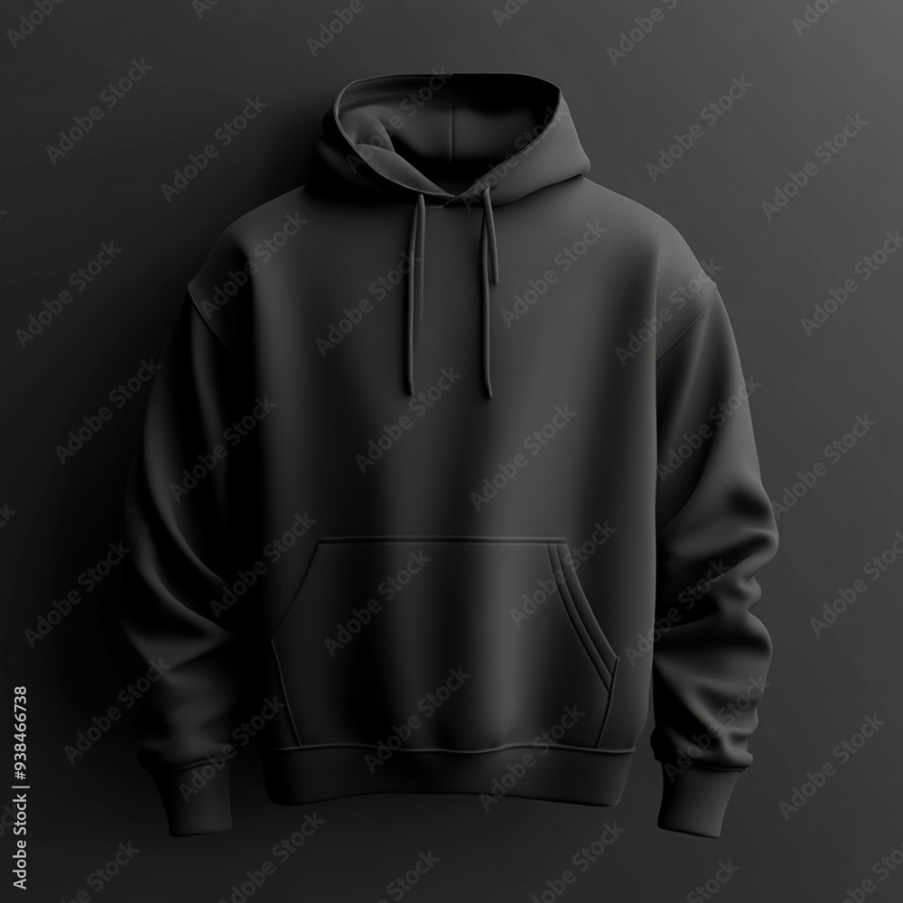Black hoodie with drawstring, pocket, and ribbed cuffs and waistband, isolated on black background. Black hoodie with drawstring, pocket, and ribbed cuffs and waistband, isolated on black background.