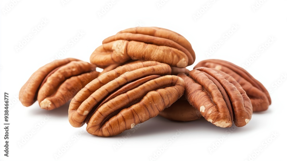 A group of four whole pecan nuts, isolated on a white background. A group of four whole pecan nuts, isolated on a white background.