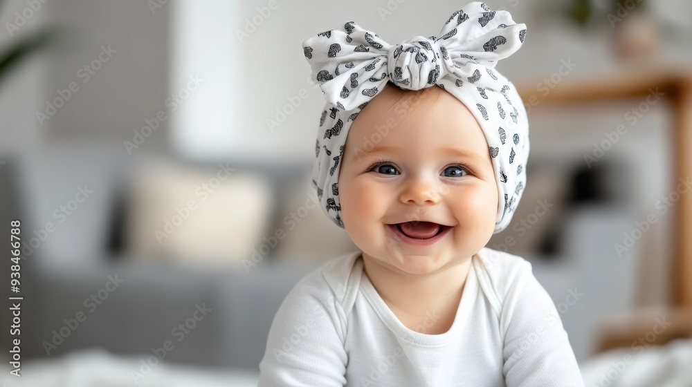 A cheerful baby with bright eyes and a wide smile, wearing a cute bow headwrap, is sitting indoors with a soft background, radiating happiness and innocence. A cheerful baby with bright eyes and a wide smile, wearing a cute bow headwrap, is sitting indoors with a soft background, radiating happiness and innocence.