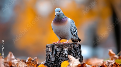 A pigeon with iridescent plumage stands proudly on a tree stump, encircled by fallen leaves in shades of orange and yellow, capturing the essence of autumn in an outdoor setting.
