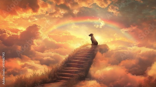 A pastel-colored rainbow bridge arches over soft clouds with a dog waiting lovingly at the end on Rainbow Bridge Remembrance Day