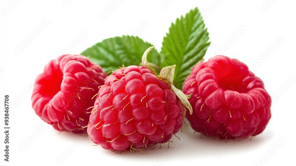 Three fresh raspberries with green leaves isolated on white background. Three fresh raspberries with green leaves isolated on white background.