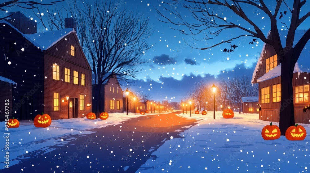 Obraz premium Spooky Christmas Village Watercolor Illustration with Jack-o'-lanterns and Snowfall, Perfect for Holiday Cards and Prints with Copy Space for Text