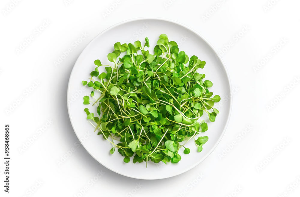 Top view of plate with fresh microgreens, on a white background. Vegetarian healthy eating and nutrition concept Top view of plate with fresh microgreens, on a white background. Vegetarian healthy eating and nutrition concept