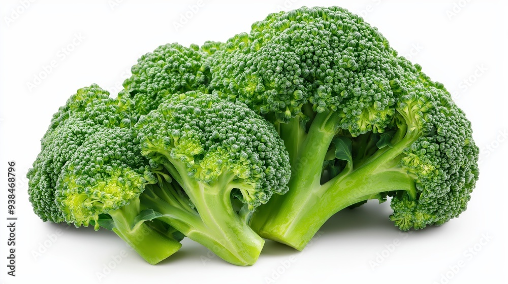 Three broccoli florets, with stems, arranged on a white background. Three broccoli florets, with stems, arranged on a white background.