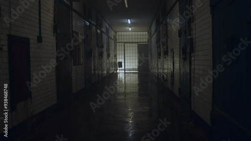 An empty jail corridor during the day