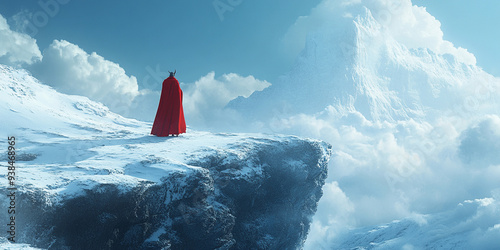 Sinister Devil in a Flowing Red Cloak Standing Commandingly on a Snowy Cliff, Contrasting the Fiery Garment Against the Cold, Bleak Winter Landscape in a Dramatic, High-Contrast Scene

 photo