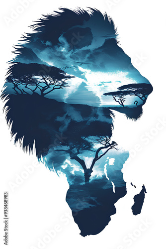 The map of Africa in a shape of a lion head with a blue african characteristic landscape art as a background image