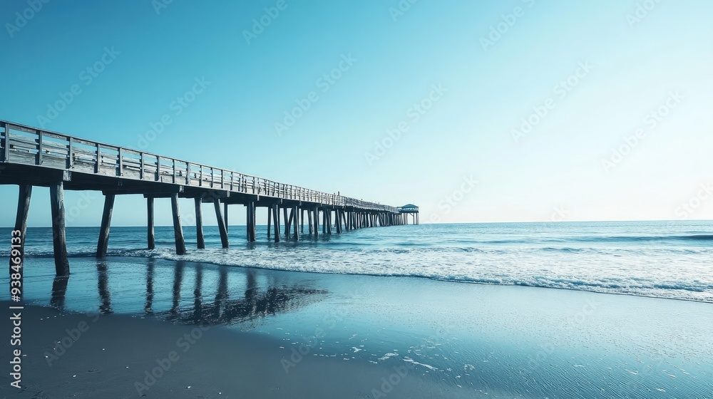 Obraz premium Myrtle Beach pier stretching out into the ocean, with calm waves and a clear horizon, ideal for coastal and travel themes