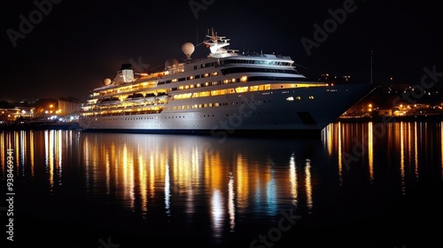 Elegant cruise ship illuminated at night, with reflections on the water, creating a luxurious, serene atmosphere