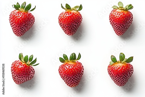 Strawberries on a white background in a variety of positions.