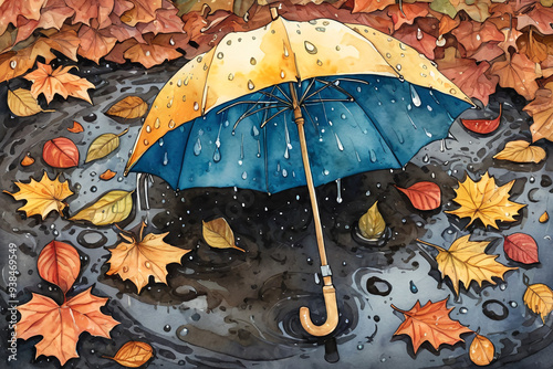 Aquarelle parapluie et gouttes sur le sol avec les feuilles mortes d'automne. 