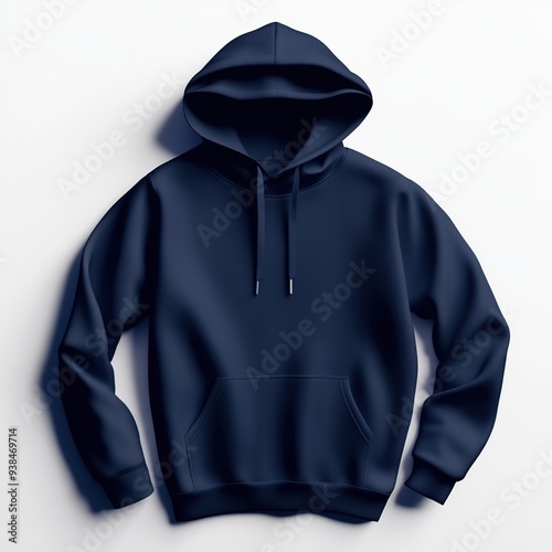 A navy blue hoodie with a drawstring hood and a front pocket, lying flat on a white background.