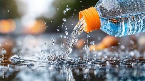 Water flowing from a clear plastic bottle with a vibrant orange cap creates splashes and ripples on a reflective surface, highlighting the dynamism of water in motion. photo