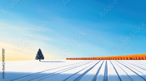 Tranquil Watercolor Landscape of Snowy Field with Christmas Tree and Pumpkin Patch, Blending Fall and Winter Seasons with Copy Space for Text