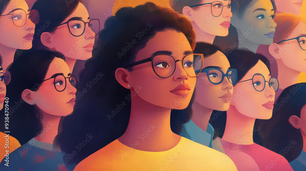 A group of women are standing in a line, with one woman looking up at the camera A group of women are standing in a line, with one woman looking up at the camera
