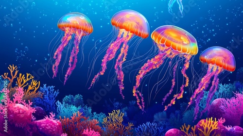 An underwater world of vibrant colors and colorful jellyfish.