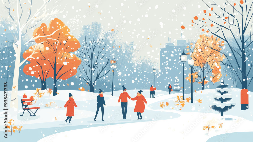 A group of people are walking in a park on a snowy day A group of people are walking in a park on a snowy day